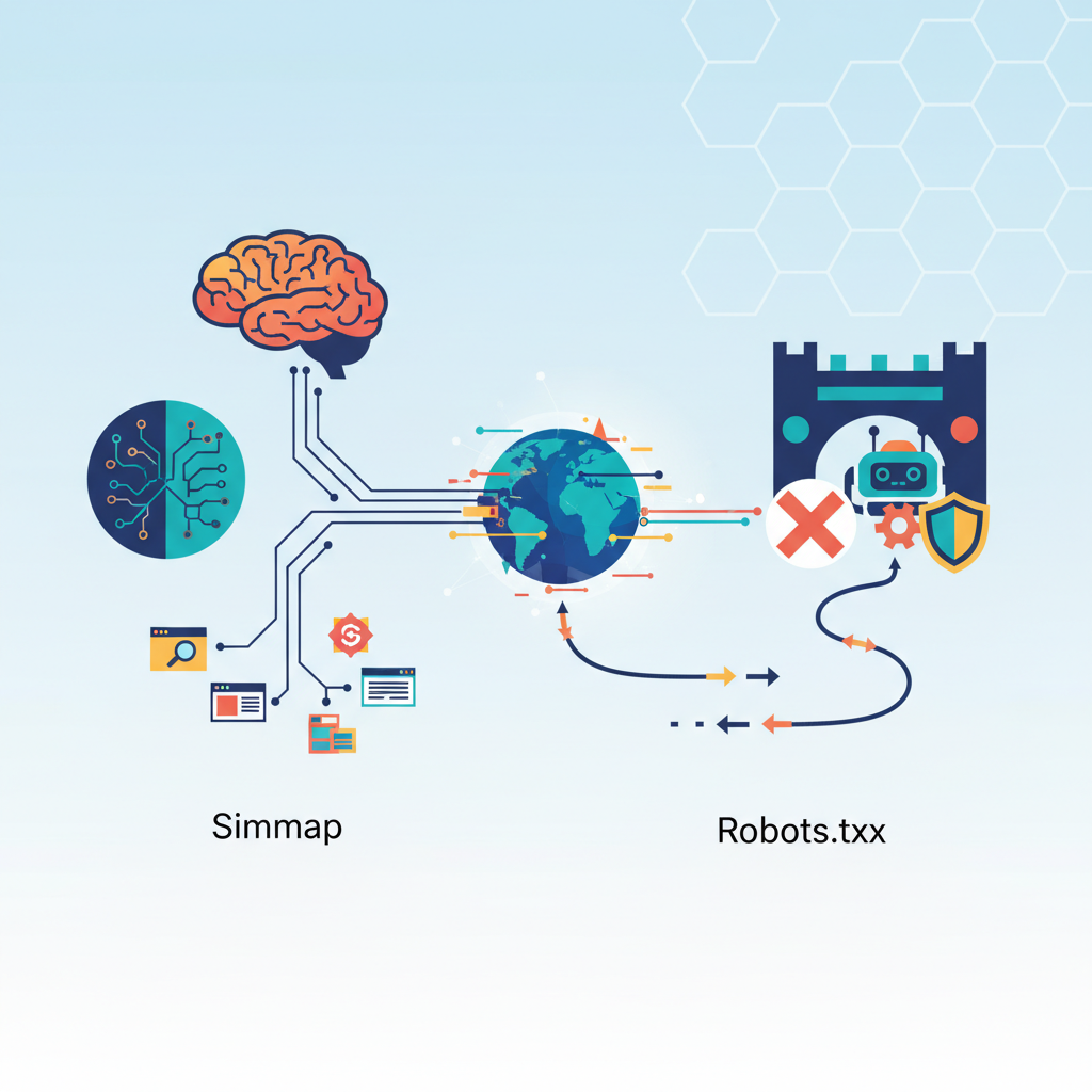 A visual representation of a website's sitemap and robots.txt files working together to optimize search engine crawlability and indexing.