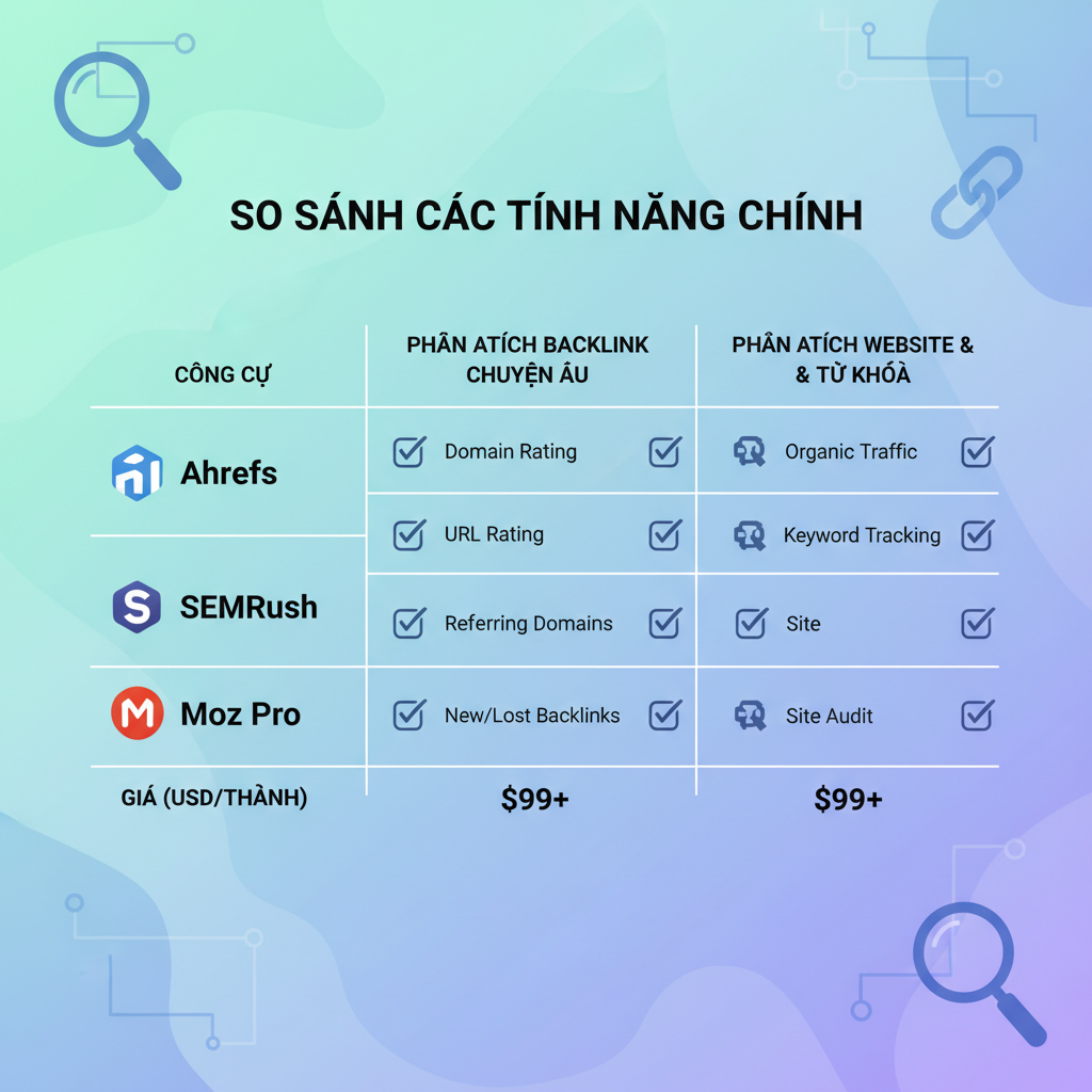 So sánh các tính năng chính của công cụ phân tích backlink hàng đầu
