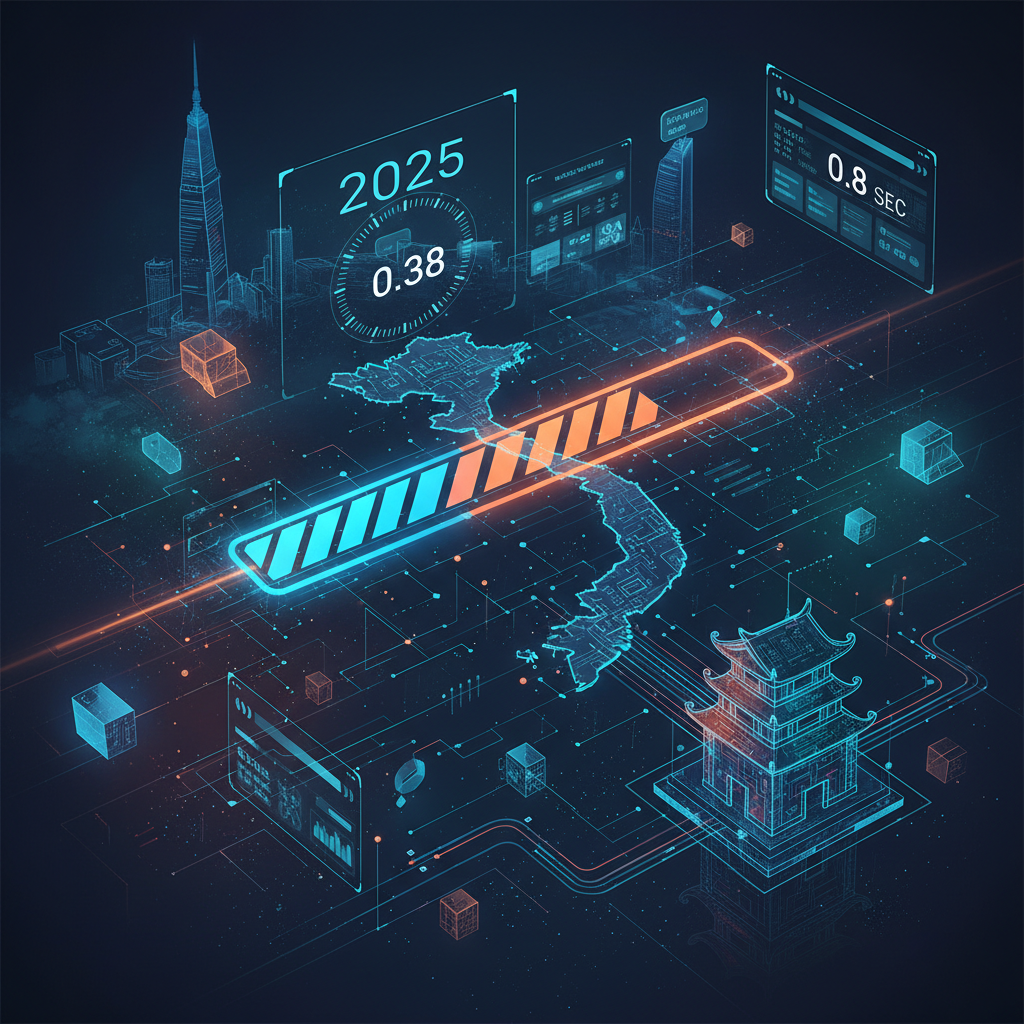 Biểu đồ thể hiện tốc độ tải trang web trung bình tại Việt Nam năm 2025, so sánh với các năm trước và các quốc gia khác.